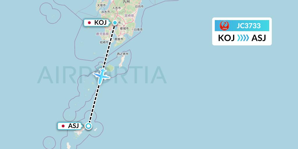 JC3733 Japan Air Commuter Flight Map: Kagoshima to Amami