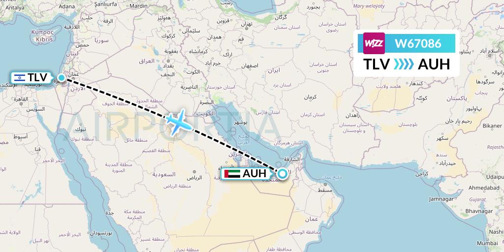 W67086 Wizz Air Flight Map: Tel Aviv to Abu Dhabi