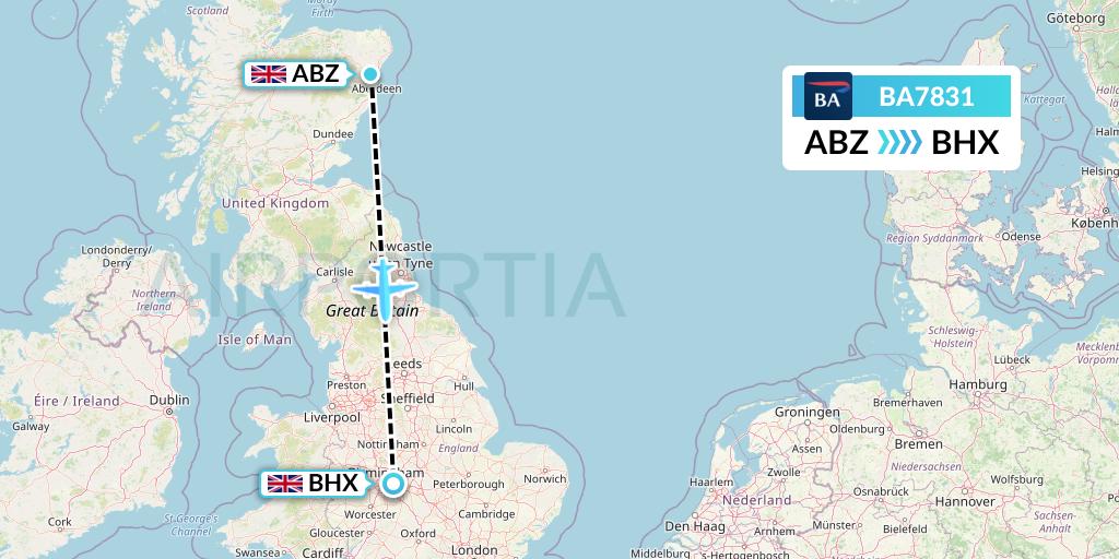 BA7831 British Airways Flight Map: Aberdeen to Birmingham
