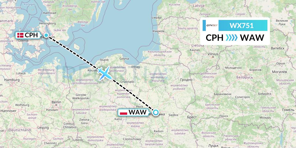 WX751 Cityjet Flight Map: Copenhagen to Warsaw