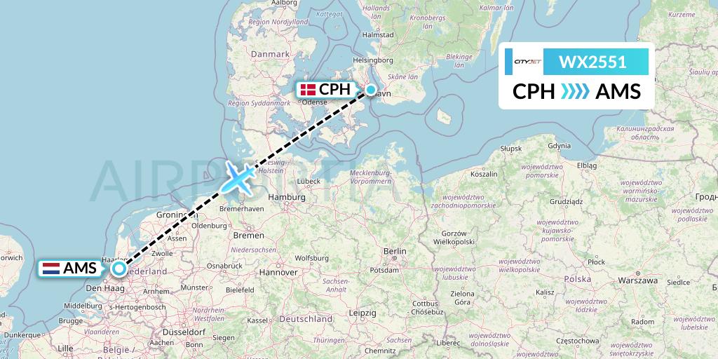 WX2551 Cityjet Flight Map: Copenhagen to Amsterdam