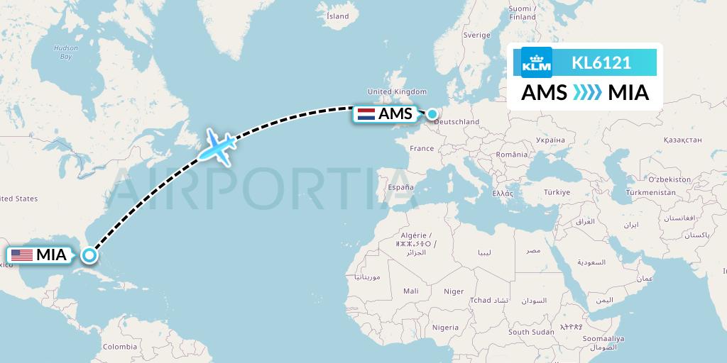 KL6121 KLM Flight Map: Amsterdam to Miami