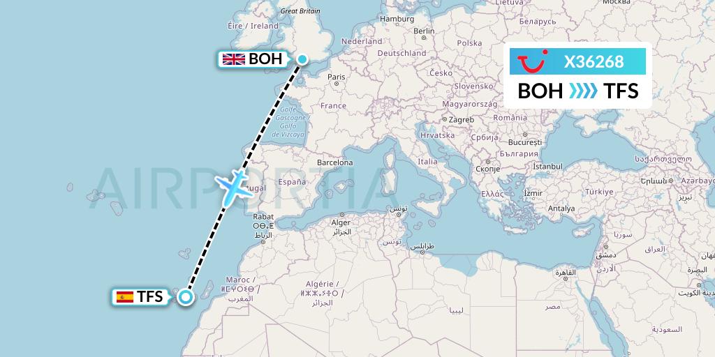 X36268 TUI fly Germany Flight Map: Bournemouth to Tenerife