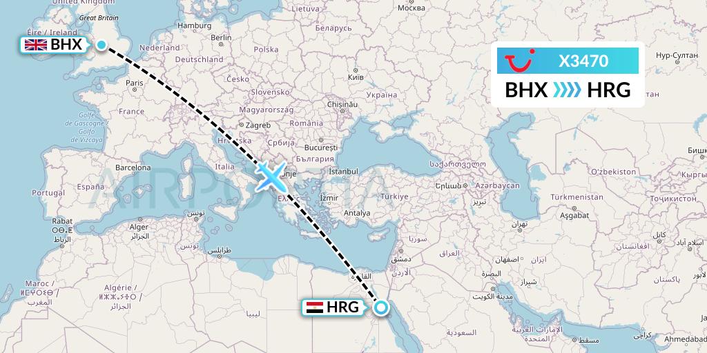 X3470 TUI fly Germany Flight Map: Birmingham to Hurghada