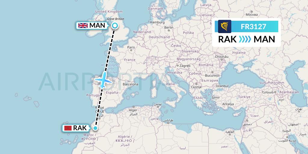 FR3127 Ryanair Flight Map: Marrakesh to Manchester