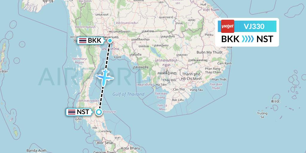 VJ330 VietJet Air Flight Map: Bangkok to Nakhon Si Thammarat