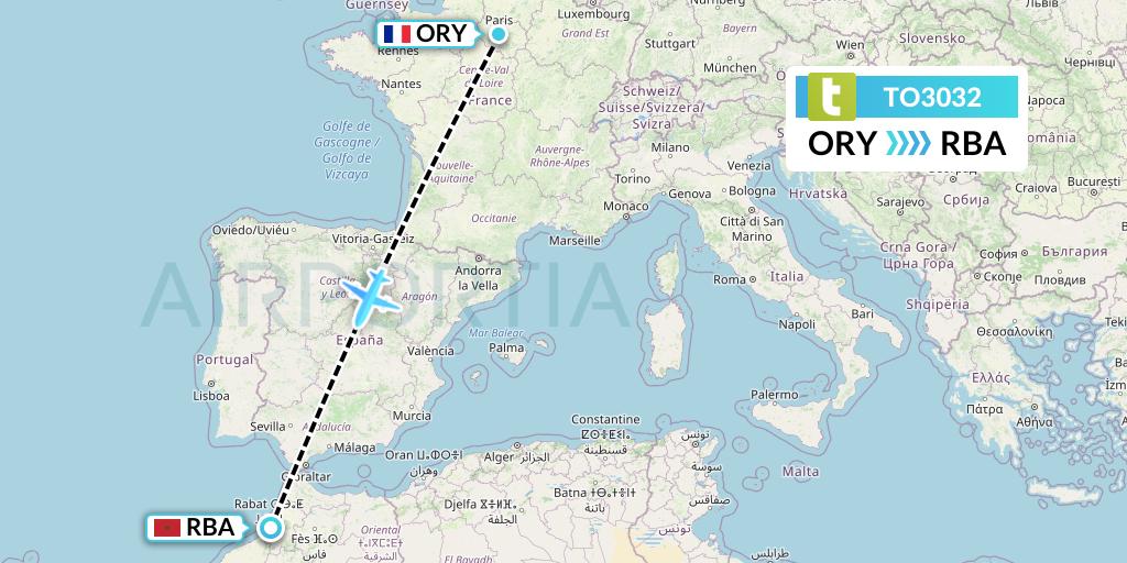 TO3032 Transavia France Flight Map: Paris to Rabat