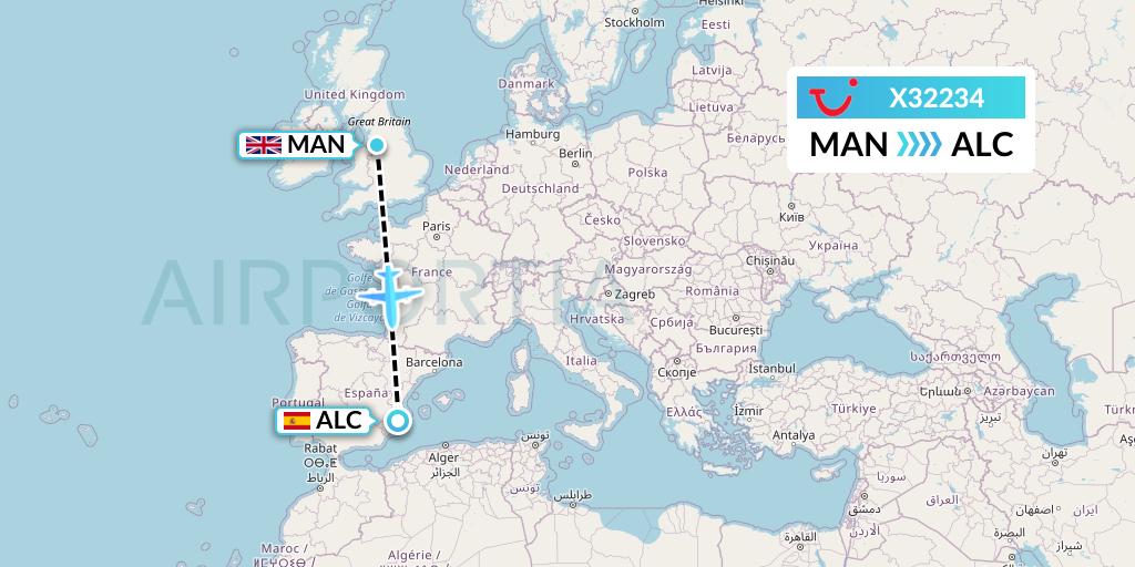 X32234 TUI fly Germany Flight Map: Manchester to Alicante
