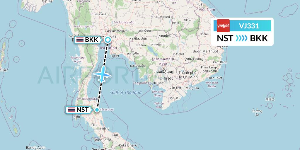 VJ331 VietJet Air Flight Map: Nakhon Si Thammarat to Bangkok