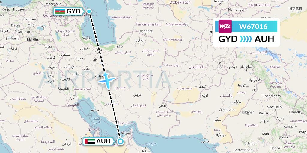 W67016 Wizz Air Flight Map: Baku to Abu Dhabi