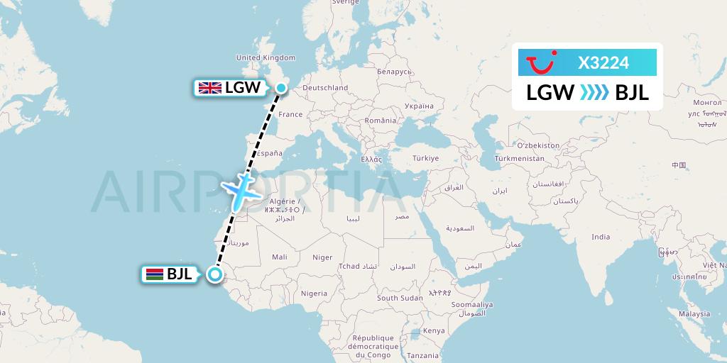 X3224 TUI fly Germany Flight Map: London to Banjul
