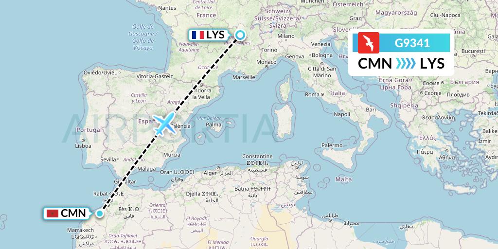 G9341 Air Arabia Flight Map: Casablanca to Lyon