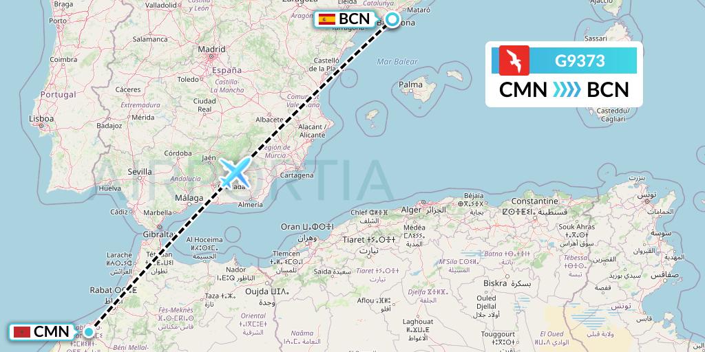 G9373 Air Arabia Flight Map: Casablanca to Barcelona