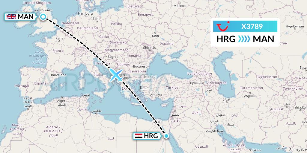 X3789 TUI fly Germany Flight Map: Hurghada to Manchester