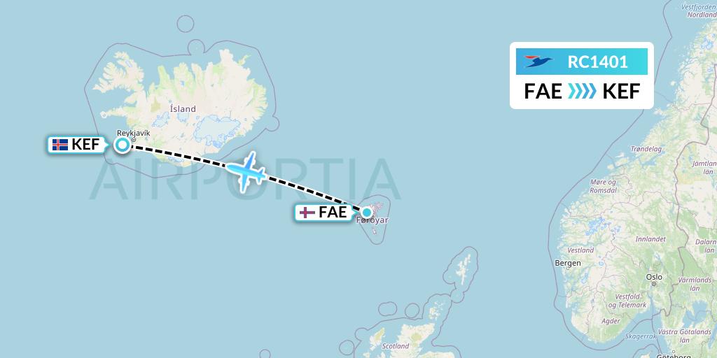 RC1401 Atlantic Airways Flight Map: Vagar to Reykjavik