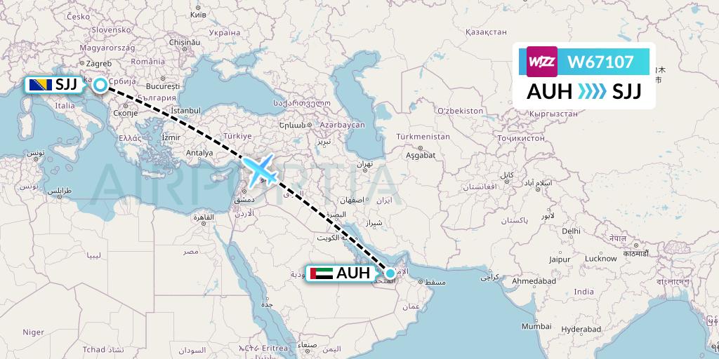 W67107 Wizz Air Flight Map: Abu Dhabi to Sarajevo