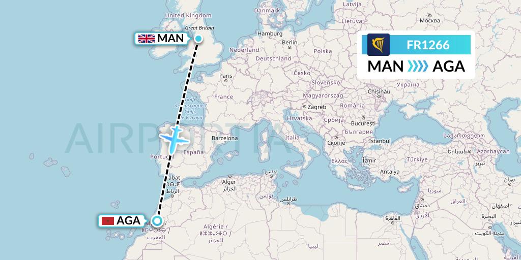 FR1266 Ryanair Flight Map: Manchester to Agadir