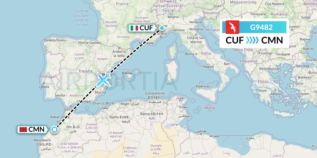 G9482 Air Arabia Flight Map: Cuneo to Casablanca