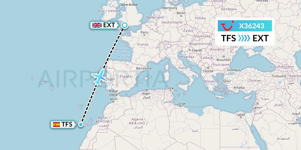 X36243 TUI fly Germany Flight Map: Tenerife to Exeter