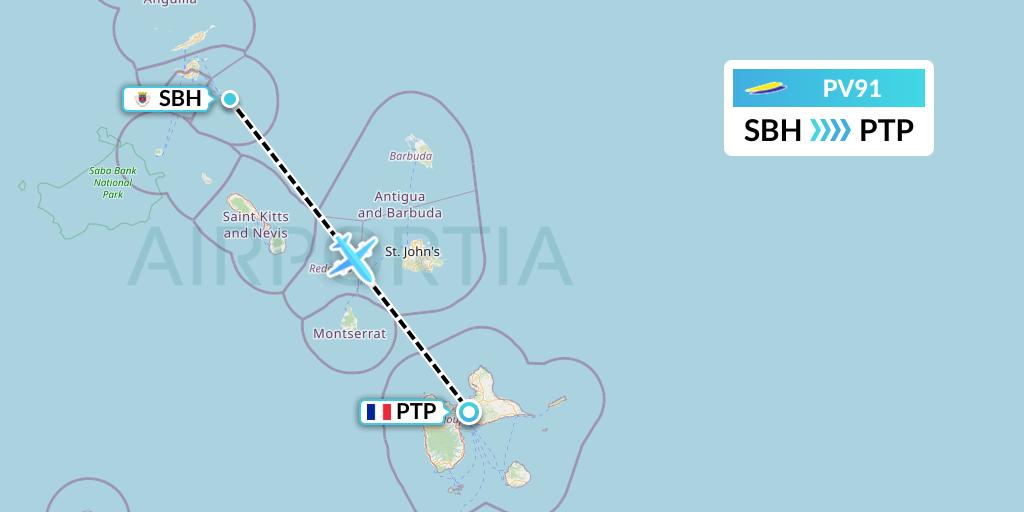 PV91 St. Barth Commuter Flight Map: St. Jean to Pointe-a-Pitre