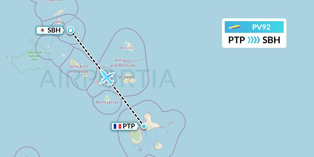 PV92 St. Barth Commuter Flight Map: Pointe-a-Pitre to St. Jean
