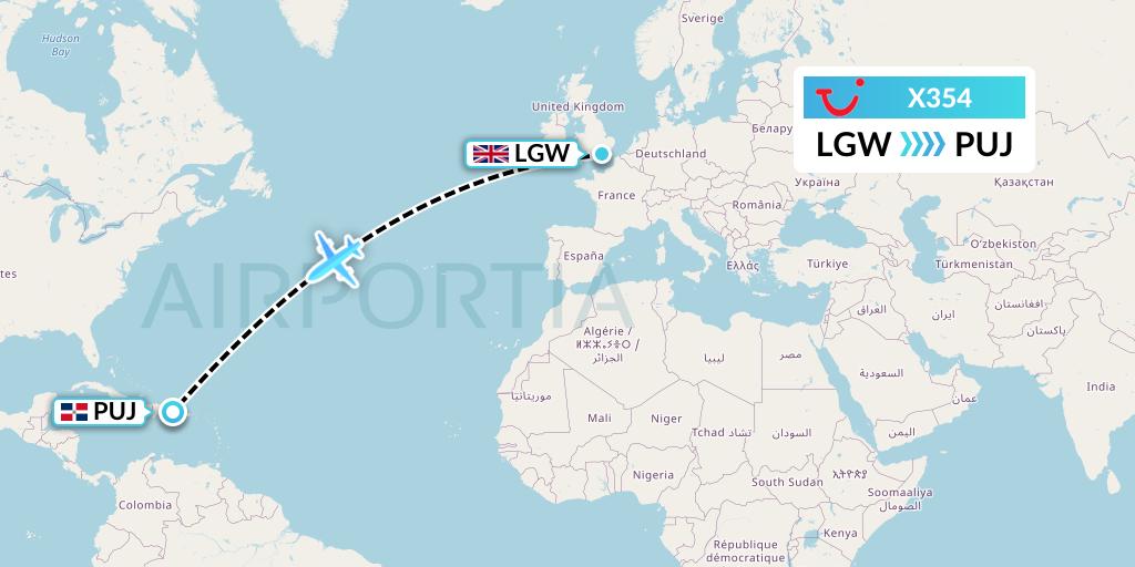 X354 TUI fly Germany Flight Map: London to Punta Cana