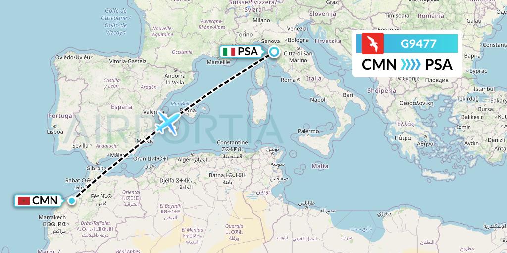 G9477 Air Arabia Flight Map: Casablanca to Pisa