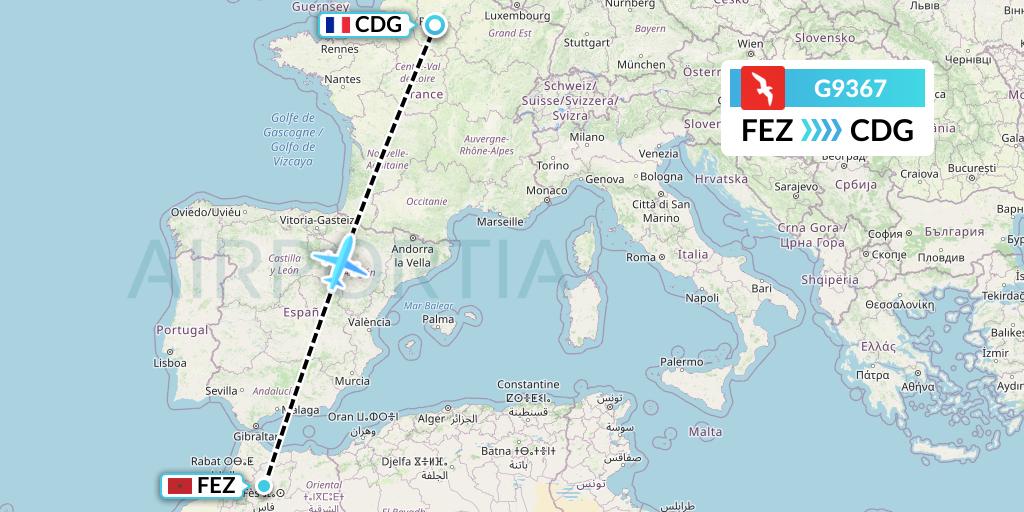 G9367 Air Arabia Flight Map: Fes to Paris