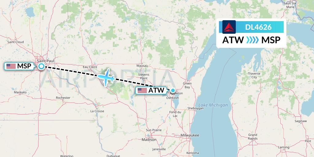 DL4626 Delta Air Lines Flight Map: Appleton to Minneapolis