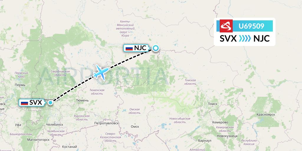 U69509 Ural Airlines Flight Map: Yekaterinburg to Nizhnevartovsk