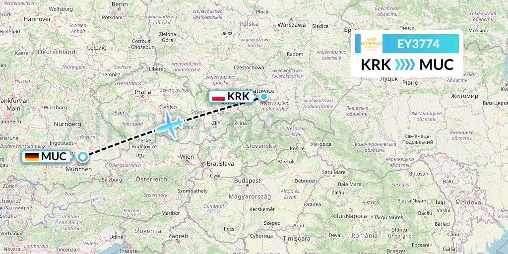 EY3774 Etihad Airways Flight Map: Krakow to Munich