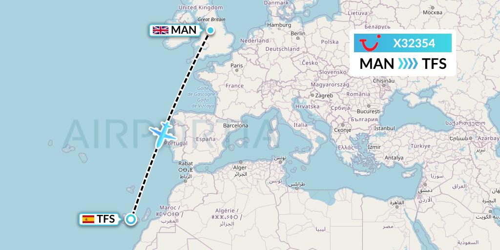 X32354 TUI fly Germany Flight Map: Manchester to Tenerife