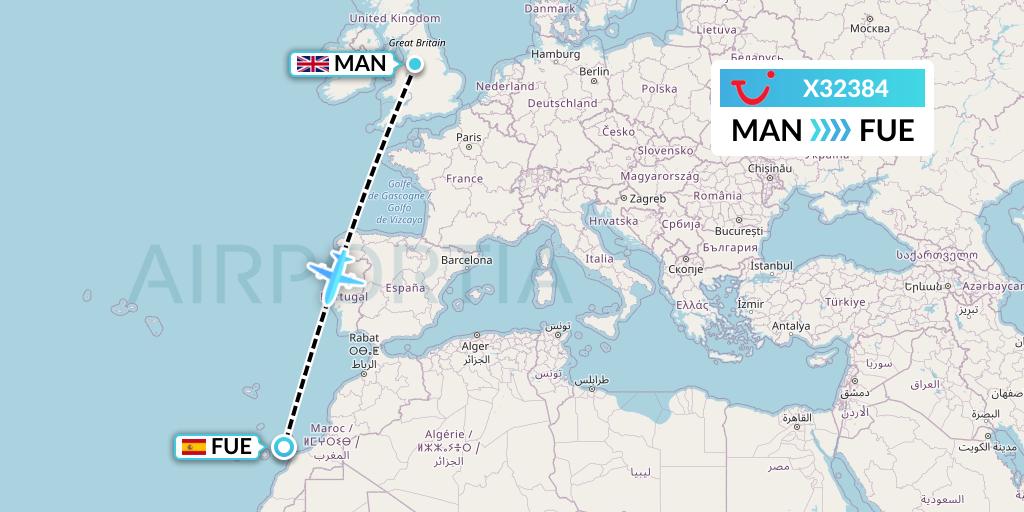 X32384 TUI fly Germany Flight Map: Manchester to Fuerteventura