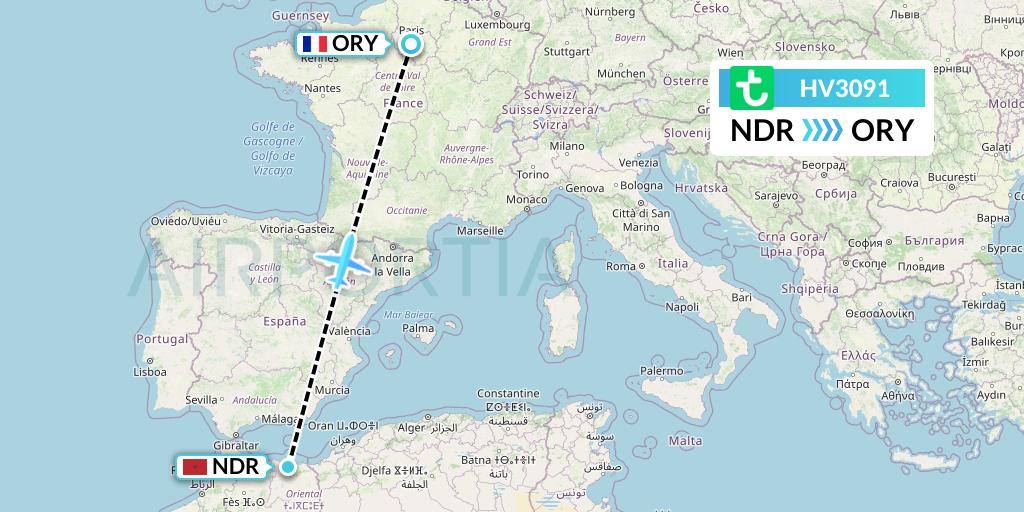 HV3091 Transavia Flight Map: Nador to Paris