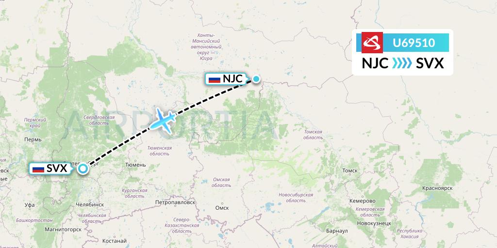 U69510 Ural Airlines Flight Map: Nizhnevartovsk to Yekaterinburg
