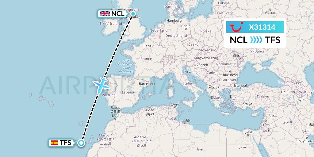 X31314 TUI fly Germany Flight Map: Newcastle to Tenerife