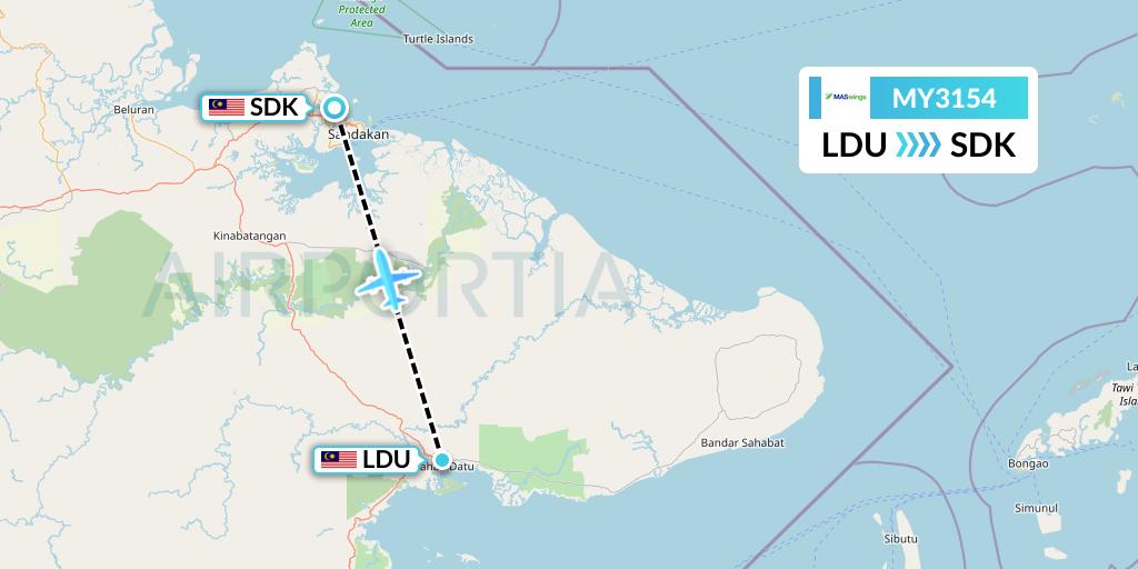 MY3154 MASwings Flight Map: Lahad Datu to Sandakan