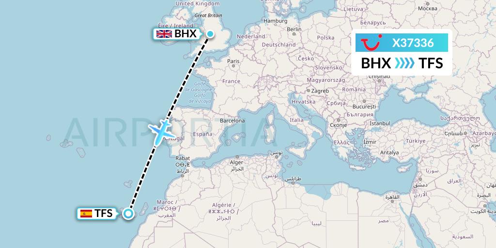 X37336 TUI fly Germany Flight Map: Birmingham to Tenerife