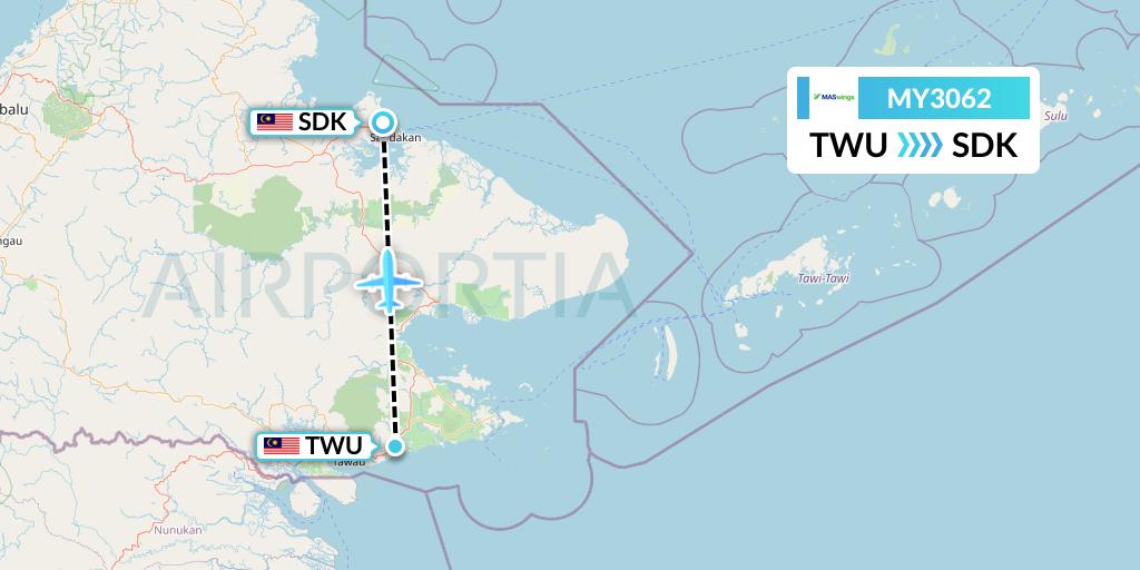 MY3062 MASwings Flight Map: Tawau to Sandakan