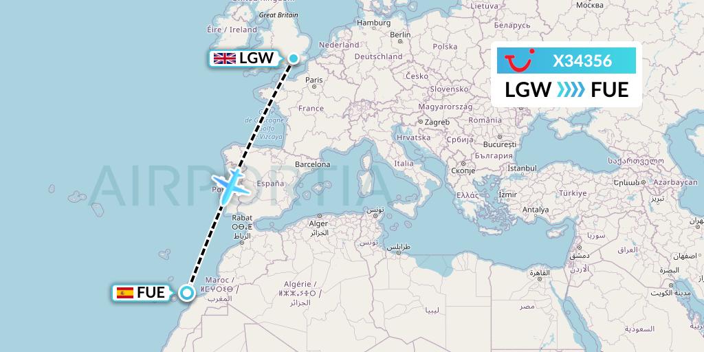 X34356 TUI fly Germany Flight Map: London to Fuerteventura