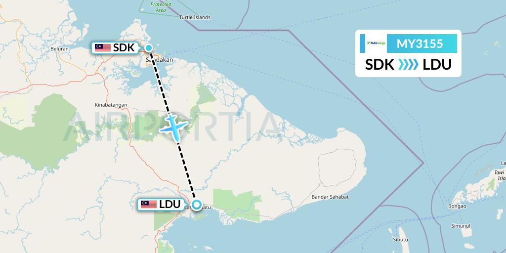 MY3155 MASwings Flight Map: Sandakan to Lahad Datu