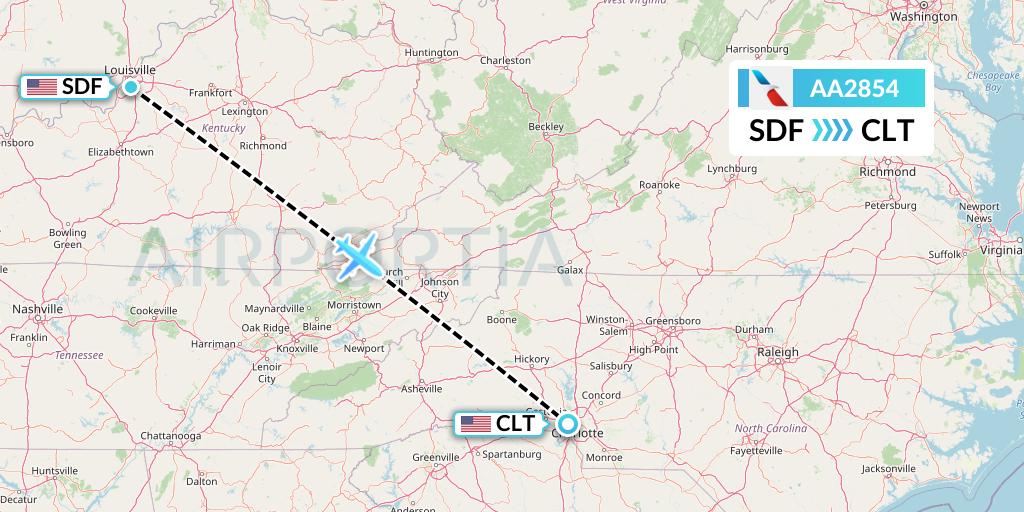 AA2854 American Airlines Flight Map: Louisville to Charlotte