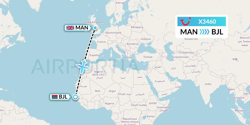 X3460 TUI fly Germany Flight Map: Manchester to Banjul