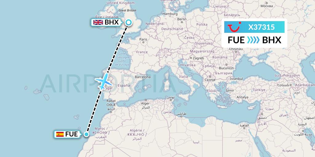 X37315 TUI fly Germany Flight Map: Fuerteventura to Birmingham
