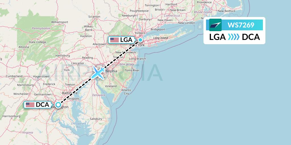 WS7269 WestJet Flight Map: New York to Washington