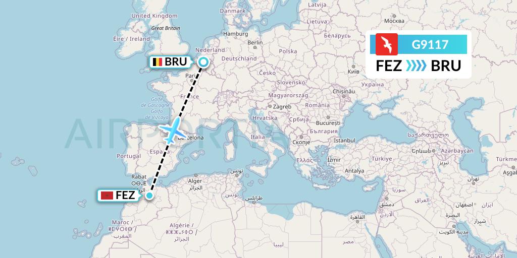 G9117 Air Arabia Flight Map: Fes to Brussels
