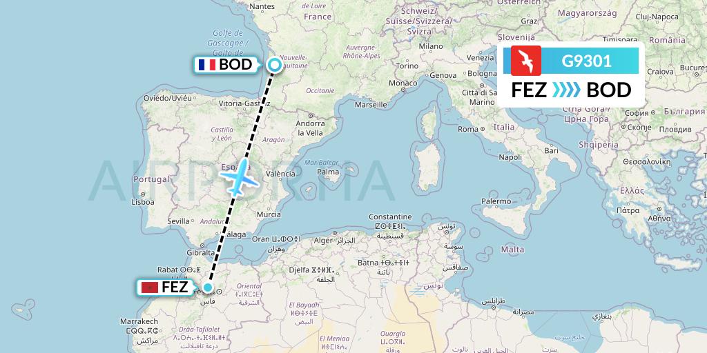 G9301 Air Arabia Flight Map: Fes to Bordeaux