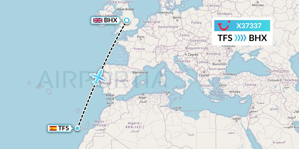 X37337 TUI fly Germany Flight Map: Tenerife to Birmingham