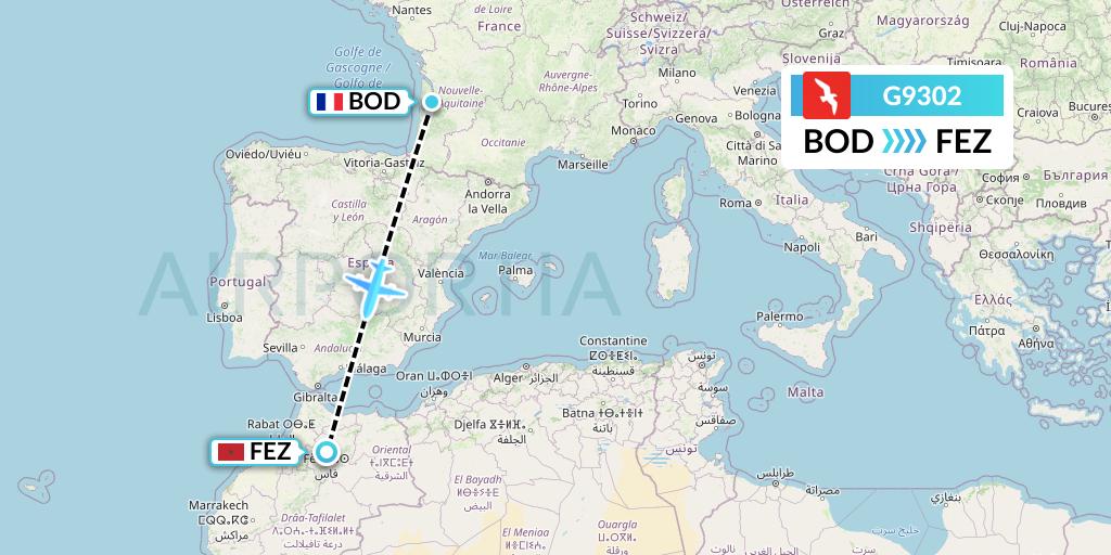 G9302 Air Arabia Flight Map: Bordeaux to Fes