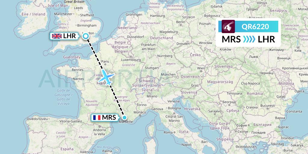 QR6220 Qatar Airways Flight Map: Marseille to London